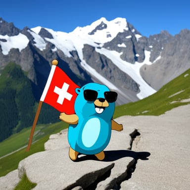 Go Blue Gopher in the Swiss Alps with a Swiss flag.