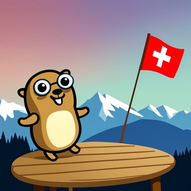 Go Blue Gopher sitting by the table with a Swiss flag in the Alps with some cockroaches around the table.