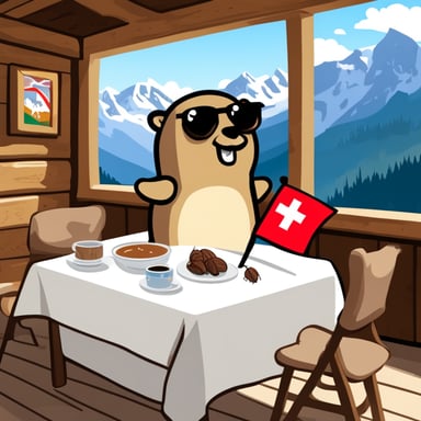 Go Blue Gopher sitting by the table with a Swiss flag in the Alps with some cockroaches around the table.