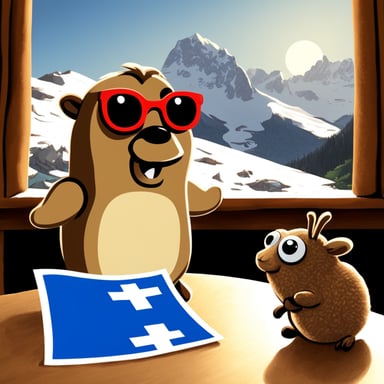 Go Blue Gopher sitting by the table with a Swiss flag in the Alps with some cockroaches around the table.