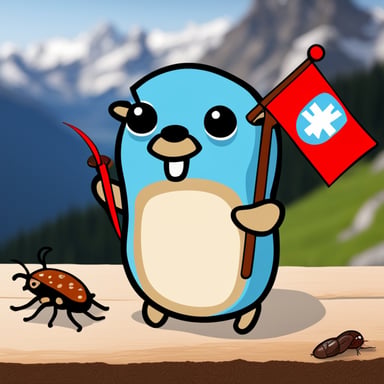 Go Blue Gopher sitting by the table with a Swiss flag in the Alps with some cockroaches around the table.