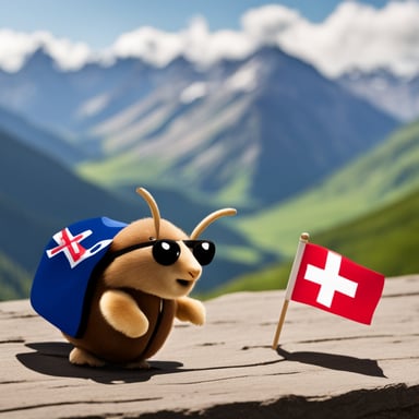 A gopher named Go Blue Gopher and a cockroach in the Alps by a table covered with a Swiss flag.