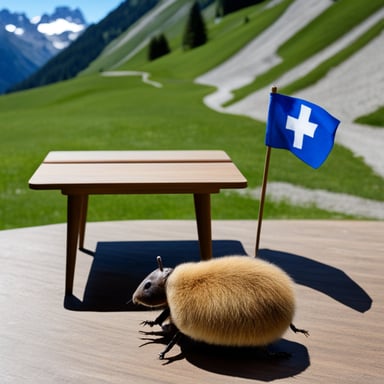 A gopher named Go Blue Gopher and a cockroach in the Alps by a table covered with a Swiss flag.