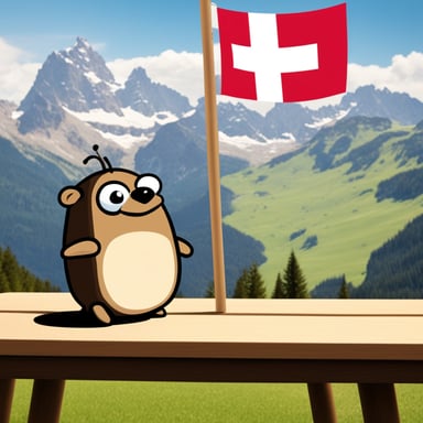 A gopher named Go Blue Gopher and a cockroach in the Alps by a table covered with a Swiss flag.