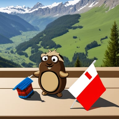 A gopher named Go Blue Gopher and a cockroach in the Alps by a table covered with a Swiss flag.