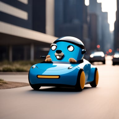 Go Blue Gopher driving a futuristic car.