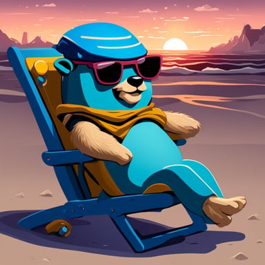 Go Blue Gopher relaxing in a beach chair on a futuristic cyberpunk beach.