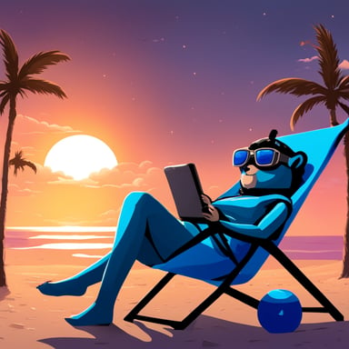 Go Blue Gopher relaxing in a beach chair on a futuristic cyberpunk beach.