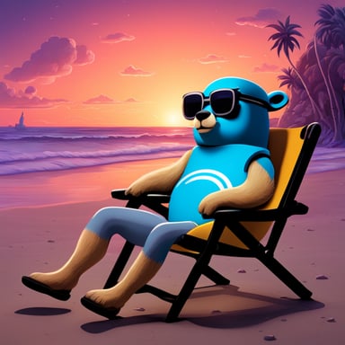Go Blue Gopher relaxing in a beach chair on a futuristic cyberpunk beach.