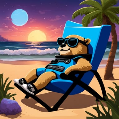 Go Blue Gopher relaxing in a beach chair on a futuristic cyberpunk beach.