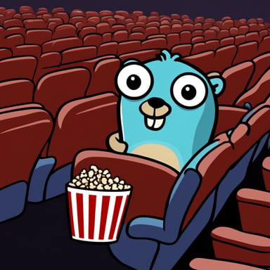 Go Blue Gopher at a cinema theater, eating popcorn.