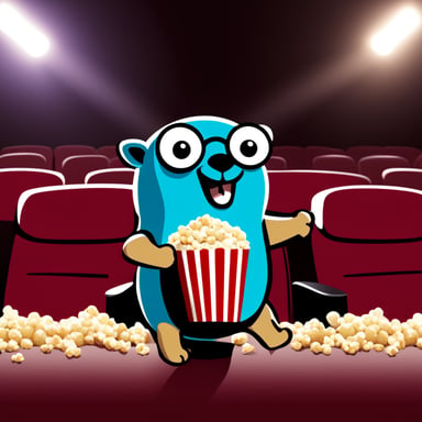 Go Blue Gopher at a cinema theater, eating popcorn.