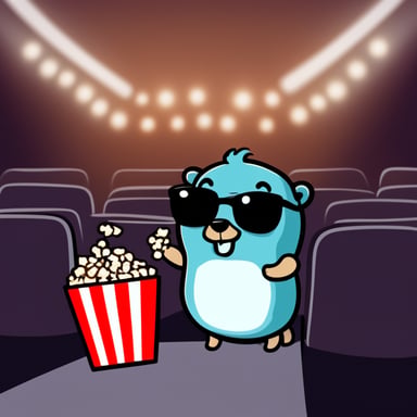 Go Blue Gopher at a cinema theater, eating popcorn.