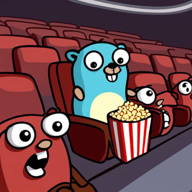 Go Blue Gopher at a cinema theater, eating popcorn.