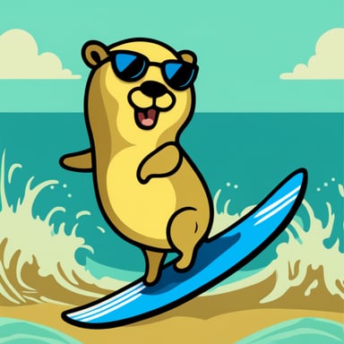 Go Blue Gopher on a surfboard, plain background.