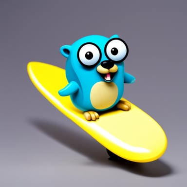 Go Blue Gopher on a surfboard, plain background.