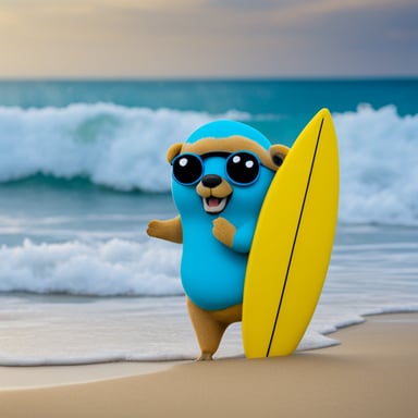 Go Blue Gopher on a surfboard, plain background.