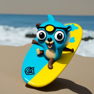 Go Blue Gopher on a surfboard, plain background.