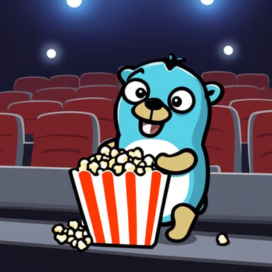 Go Blue Gopher at a cinema theater, eating popcorn.