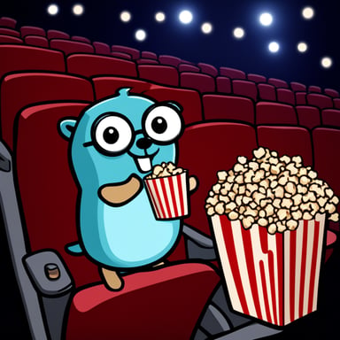Go Blue Gopher at a cinema theater, eating popcorn.