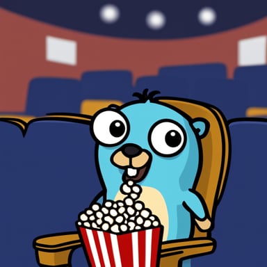 Go Blue Gopher at a cinema theater, eating popcorn.