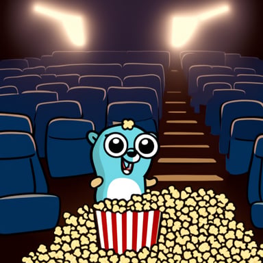 Go Blue Gopher at a cinema theater, eating popcorn.