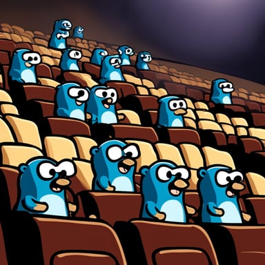 A cinema theater, full of go blue gopher mascots, eating popcorn.