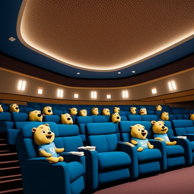 A cinema theater, full of go blue gopher mascots, eating popcorn.