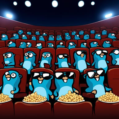 A cinema theater, full of go blue gopher mascots, eating popcorn.