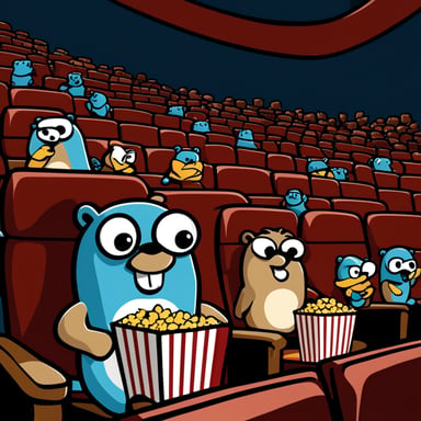 A cinema theater, full of go blue gopher mascots, eating popcorn.