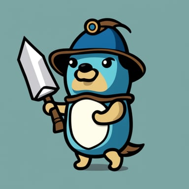 Go Blue Gopher holding a shield with JS on it and a sword, styled like Renee French's gophers.