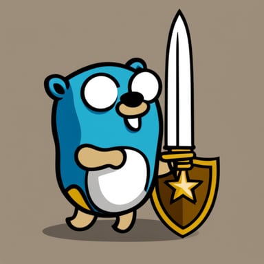 Go Blue Gopher holding a shield with JS on it and a sword, styled like Renee French's gophers.