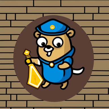 Go Blue Gopher holding a shield with JS on it and a sword, styled like Renee French's gophers.
