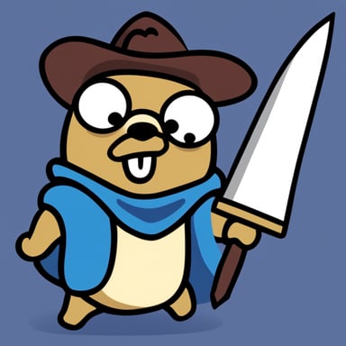 Go Blue Gopher holding a shield with JS on it and a sword, styled like Renee French's gophers.