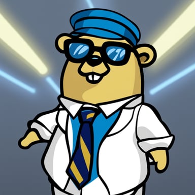 Go Blue Gopher, wearing a wig and glasses like Clark Kent, dons a white shirt that's half open, revealing the bash logo on his chest.