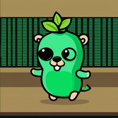 A cute Go Blue Gopher mascot standing, holding a green MongoDB leaf logo in its hands, against a background of code matrix green.