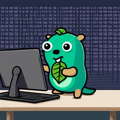A cute Go Blue Gopher mascot standing, holding a green MongoDB leaf logo in its hands, against a background of code matrix green.