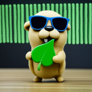 A cute Go Blue Gopher mascot standing, holding a green MongoDB leaf logo in its hands, against a background of code matrix green.