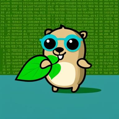 A cute Go Blue Gopher mascot standing, holding a green MongoDB leaf logo in its hands, against a background of code matrix green.