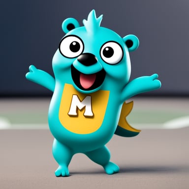 A cheerful turquoise Go Blue Gopher mascot with a playful expression, standing confidently. It wears a snug, bright shirt that has a large, stylized leaf emblem centered on the chest. To the left of the leaf, the letter 'M' is boldly printed, and to the right, the letter 'X', both in a font that matches the energy and fun of the character. The leaf is perhaps in a vibrant green color, symbolizing growth and nature, tying into the MongoDB theme. The Go Blue Gopher's open arms and exuberant smile suggest it's ready to engage and assist, embodying the helpful nature of the go-mongox library.