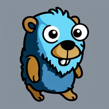 Go blue gopher, in the 2D style of the official Go gopher, sports a tattered tie-dye t-shirt with slightly shaggy and unkempt fur.