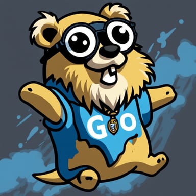 Go blue gopher, in the 2D style of the official Go gopher, sports a tattered tie-dye t-shirt with slightly shaggy and unkempt fur.