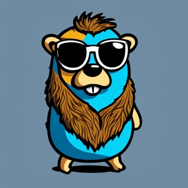 Go blue gopher, in the 2D style of the official Go gopher, sports a tattered tie-dye t-shirt with slightly shaggy and unkempt fur.