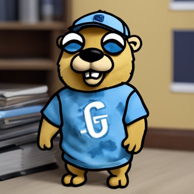Go blue gopher, in the 2D style of the official Go gopher, sports a tattered tie-dye t-shirt with slightly shaggy and unkempt fur.
