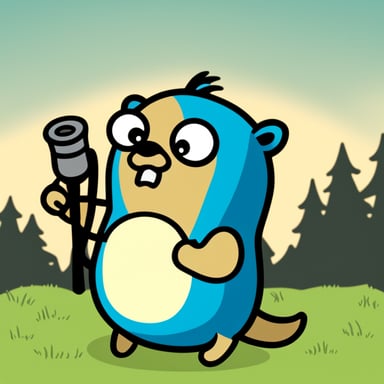 Unhappy go blue gopher holding a piece of pipe.