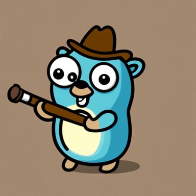 Unhappy go blue gopher holding a piece of pipe.