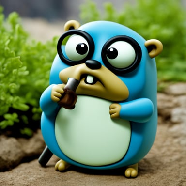 Unhappy go blue gopher holding a piece of pipe.