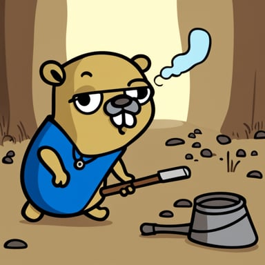 Unhappy go blue gopher holding a piece of pipe.