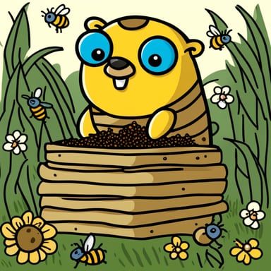 The Go Blue Gopher in a hive with bees around.