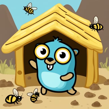 The Go Blue Gopher in a hive with bees around.